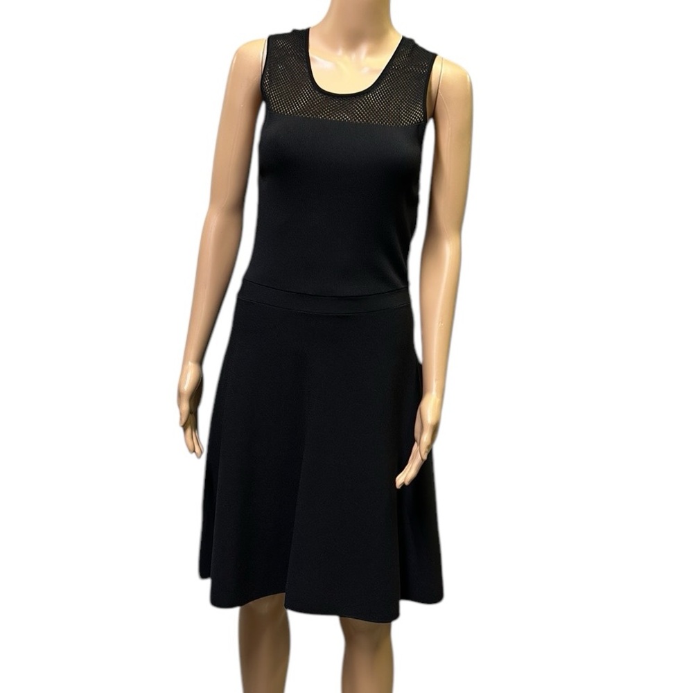 Ann Taylor Black Mesh Top Fit Flare Zip Side Sleeveless Midi Dress Womens Small